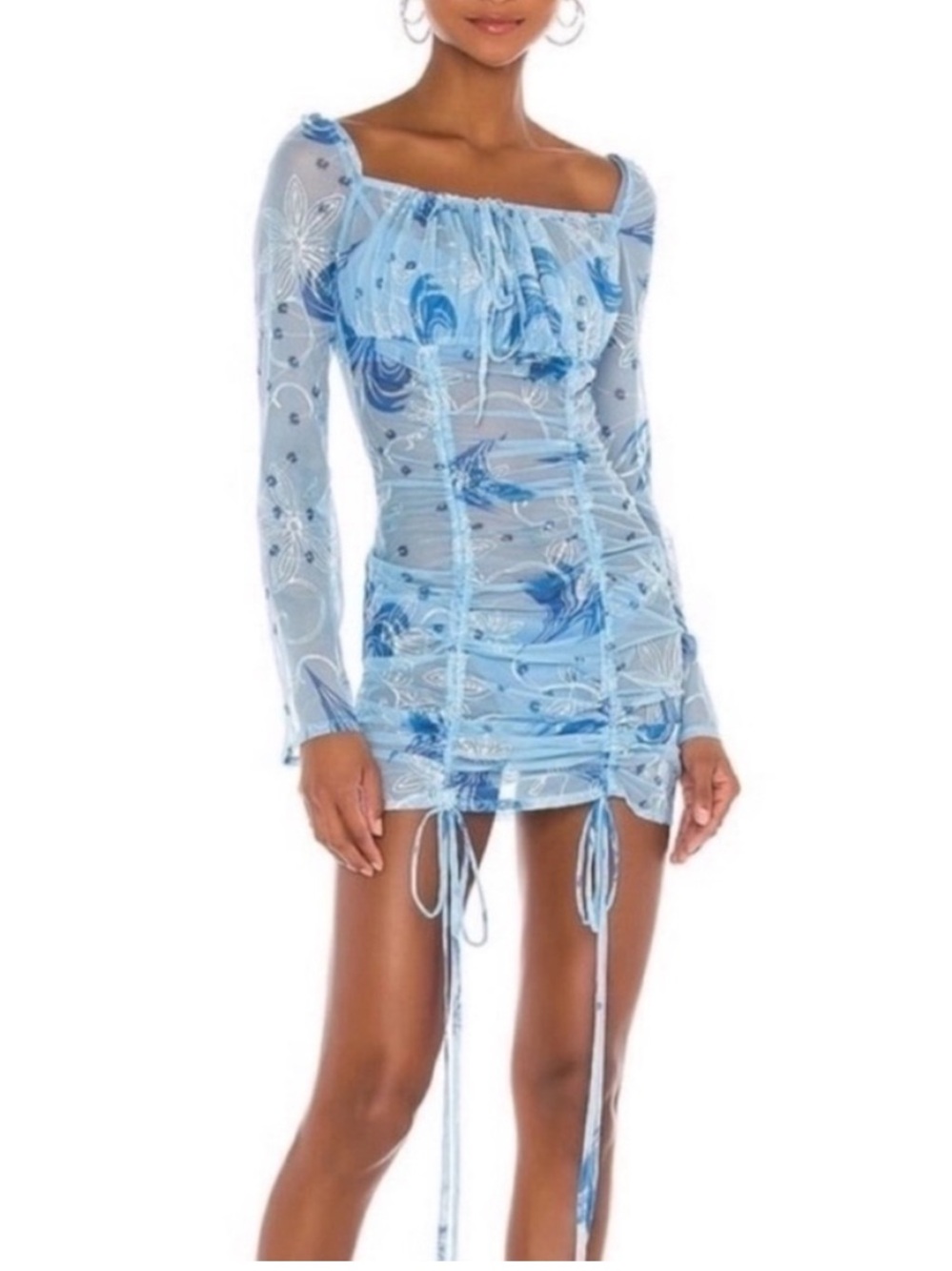 Kim Shui Sheer Mesh Floral Ruched Mini Dress Baby Blue